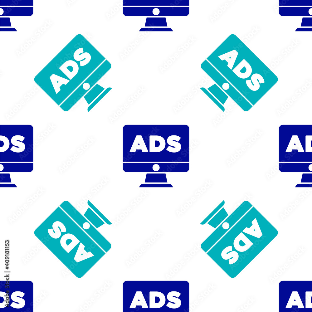 Blue Advertising icon isolated seamless pattern on white background. Concept of marketing and promotion process. Responsive ads. Social media advertising. Vector. Blue Advertising icon isolated seamless pattern on white background. Concept of marketing and promotion process. Responsive ads. Social media advertising. Vector.