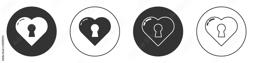 Black Heart with keyhole icon isolated on white background. Locked Heart. Love symbol and keyhole sign. Circle button. Vector. Black Heart with keyhole icon isolated on white background. Locked Heart. Love symbol and keyhole sign. Circle button. Vector.
