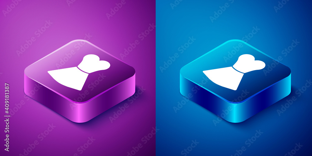 Isometric Woman dress icon isolated on blue and purple background. Clothes sign. Square button. Vector. Isometric Woman dress icon isolated on blue and purple background. Clothes sign. Square button. Vector.