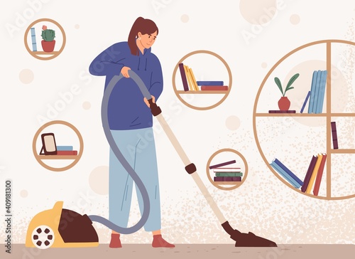 Young woman cleaning home with manual vacuum cleaner. Homemaker running hoover to clean dirty floor in modern room. Colored flat textured vector illustration