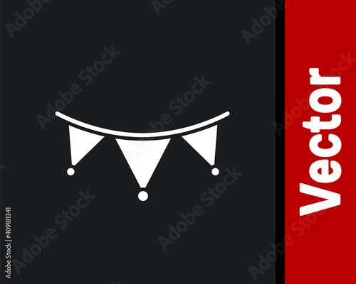 White Carnival garland with flags icon isolated on black background. Party pennants for birthday celebration, festival decoration. Vector.