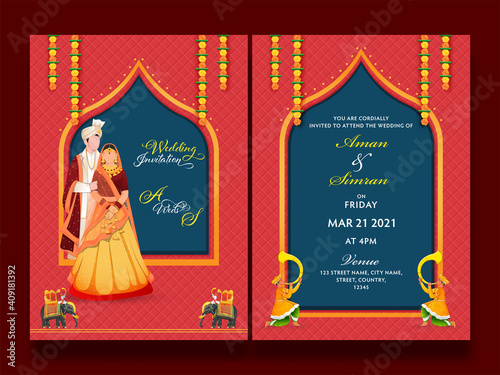 Front And Back Presentation Of Wedding Invitation Card With Indian Couple Character In Traditional Dress.