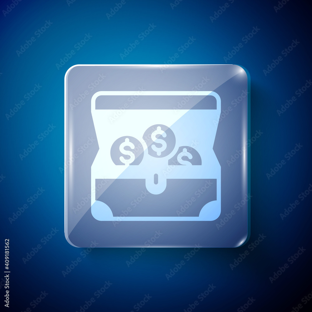 White Treasure chest icon isolated on blue background. Square glass panels. Vector. White Treasure chest icon isolated on blue background. Square glass panels. Vector.