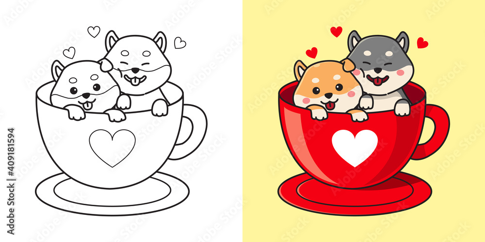 Cute shiba inu couple in a coffee cup. Valentine clip art. Children coloring page. Flat style cartoon vector.