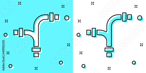 Black line Industry metallic pipe icon isolated on green and white background. Plumbing pipeline parts of different shapes. Random dynamic shapes. Vector.
