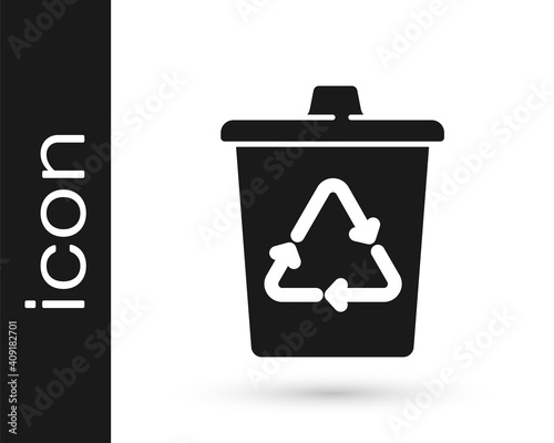Black Recycle bin with recycle symbol icon isolated on white background. Trash can icon. Garbage bin sign. Recycle basket sign. Vector.