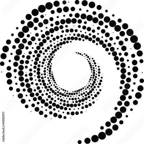 Black halftone dots in vortex form. Geometric art. Trendy design element.Circular and radial lines volute, helix.Segmented circle with rotation.Radiating arc lines.Cochlear