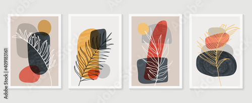 Botanical wall art vector background set. Foliage line art drawing with watercolor.  Abstract Plant Art design for wall framed prints, canvas prints, poster, home decor, cover, wallpaper.