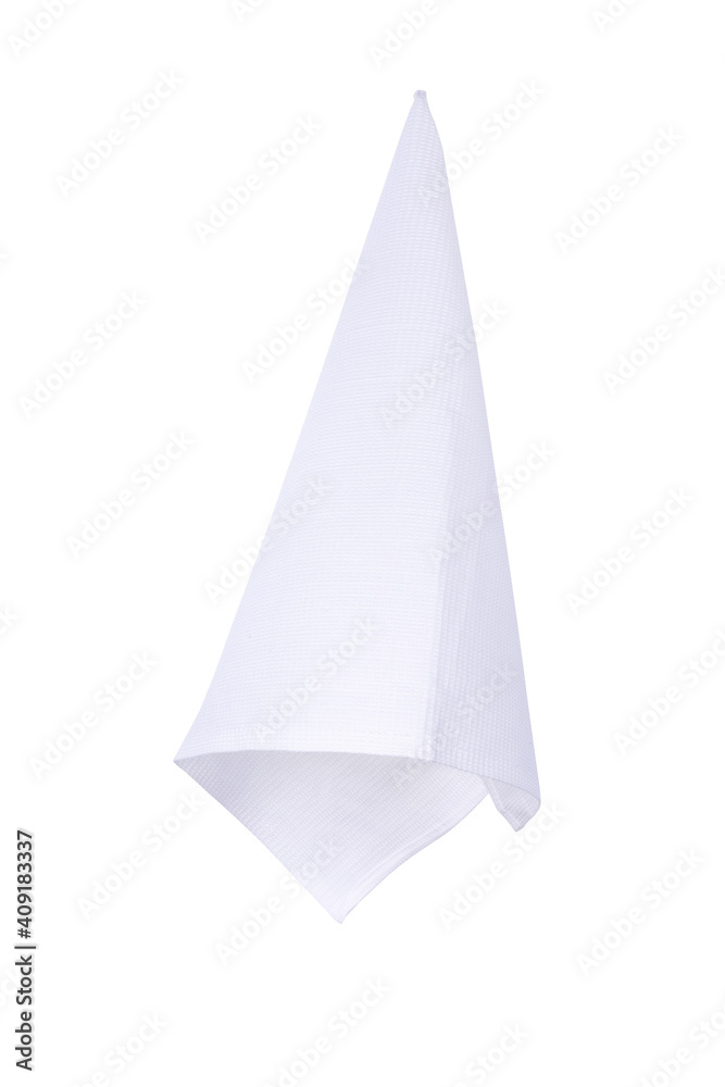 White kitchen towel isolated on white background. Cooking and cleaning mock up for design. White kitchen towel isolated on white background. Cooking and cleaning mock up for design.