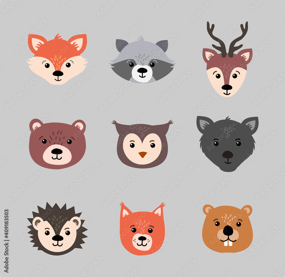 Beautiful set of child style woodland animals vector collection