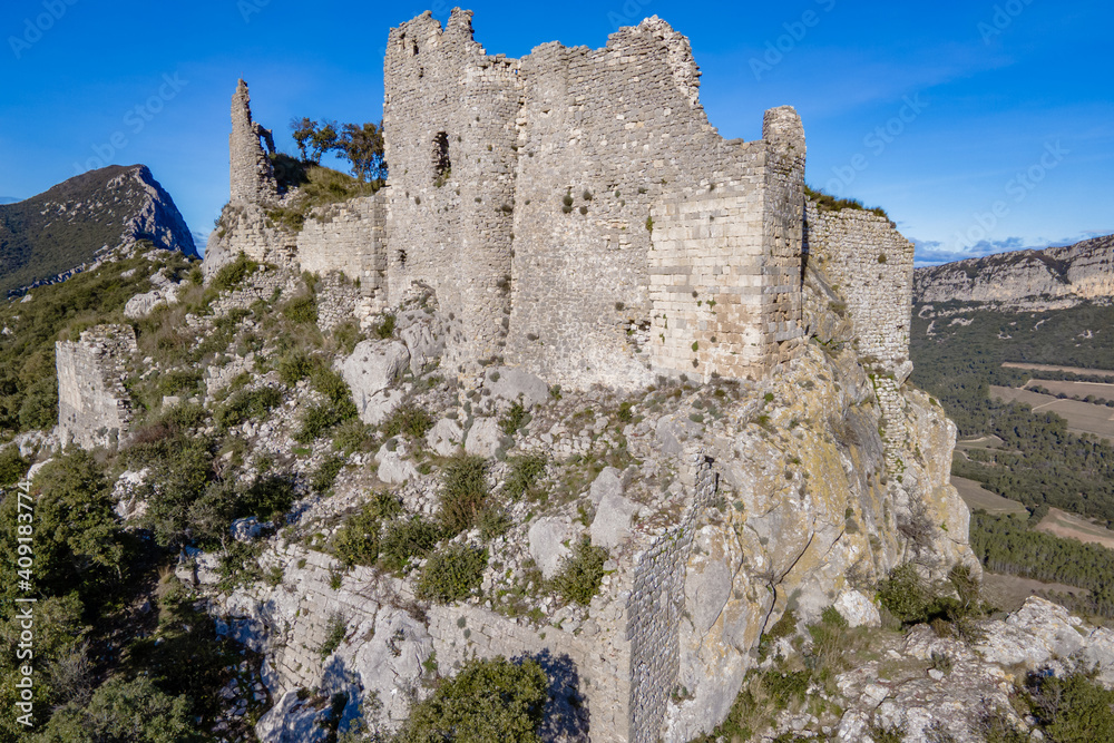 Ruins of the Castle of Montferrand on the mountain Pic St Loup, St-Mathieu-de-Treviers, Occitanie, France 