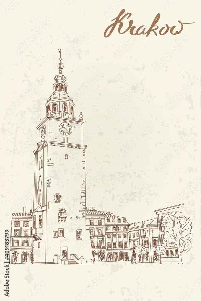 vector sketch of The  Town Hall Tower in  the Main Market Square in the Old Town district of Kraków. Poland.