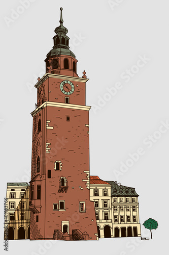 vector sketch of The  Town Hall Tower in  the Main Market Square in the Old Town district of Kraków. Poland.