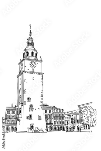 vector sketch of The  Town Hall Tower in  the Main Market Square in the Old Town district of Kraków. Poland.