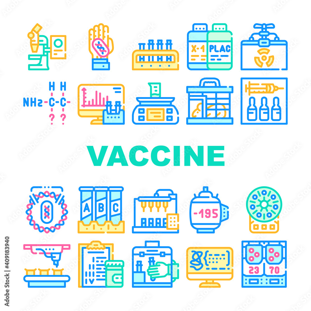 Vaccine Production Collection Icons Set Vector Flat