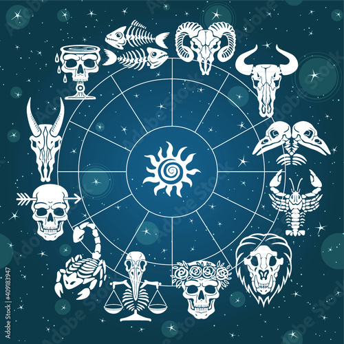 Bone horoscope. Zodiac signs. Astrological circle. Background - the star sky. Vector illustration.