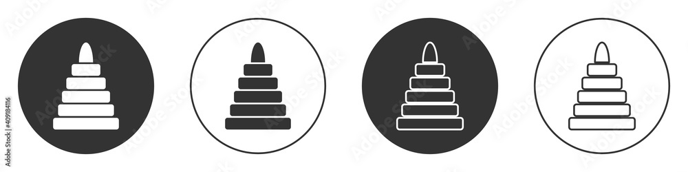 Black Pyramid toy icon isolated on white background. Circle button. Vector. Black Pyramid toy icon isolated on white background. Circle button. Vector.