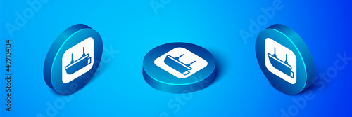 Isometric Lifeboat icon isolated on blue background. Blue circle button. Vector.