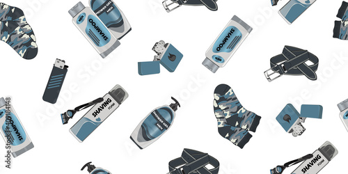 Vector pattern with men's gifts. Color, seamless illustration with shaving foam, blade, shampoo, shower gel, and socks. Image for the holiday on February 23