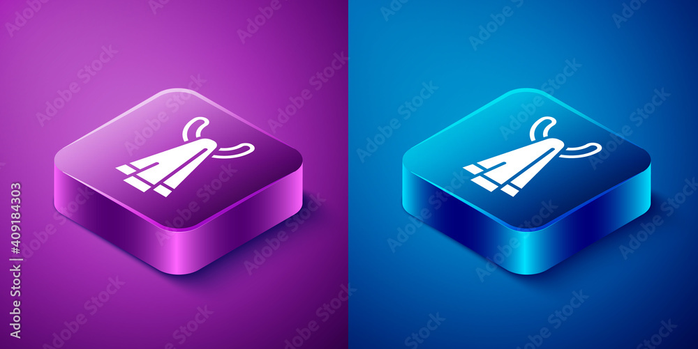 Isometric Towel on a hanger icon isolated on blue and purple background. Bathroom towel icon. Square button. Vector. Isometric Towel on a hanger icon isolated on blue and purple background. Bathroom towel icon. Square button. Vector.