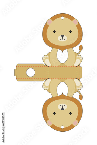 Cute easter egg holder lion template. Retail paper box for the easter egg. Printable color scheme. Laser cutting vector template. Isolated packaging design illustration.