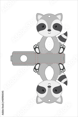 Cute easter egg holder raccoon template. Retail paper box for the easter egg. Printable color scheme. Laser cutting vector template. Isolated packaging design illustration.