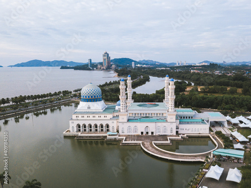 Aerial panoramic view of Kota Kinabalu City Mosque, the second main mosque in Kota Kinabalu, Sabah, Malaysia photo