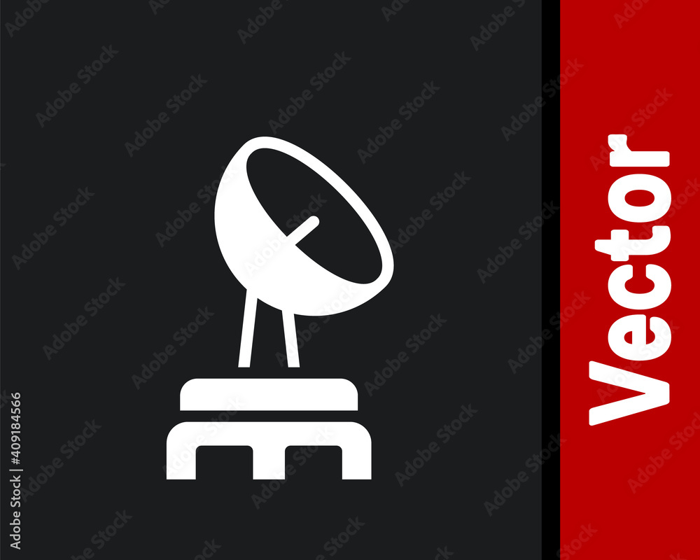 White Radar icon isolated on black background. Search system. Satellite sign. Vector. White Radar icon isolated on black background. Search system. Satellite sign. Vector.