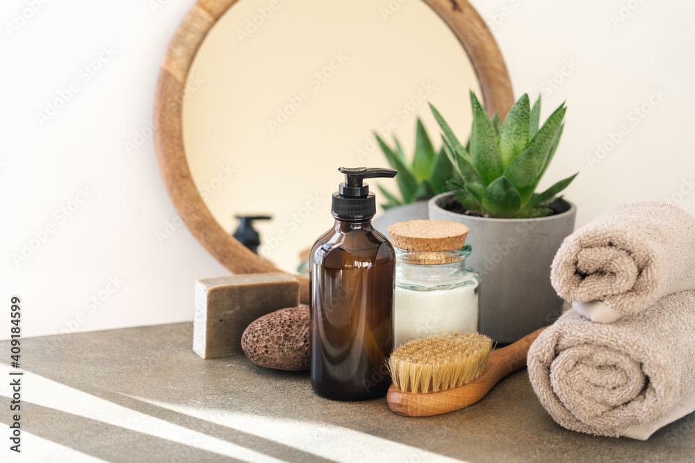 Spa and body care treatments with mirror on background. Eco friendly natural products and Green plants