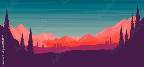 Cartoon mountain landscape in flat style. Design element for poster, card, banner, flyer. Vector illustration