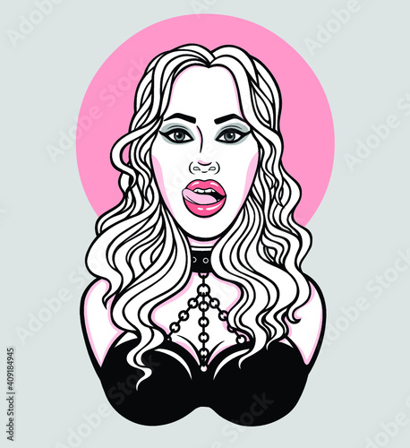 Animation portrait of the beautiful blonde woman licks lips. Template for erotic content. Color drawing. Vector illustration isolated on a grey background.Print, poster, t-shirt, card, emblem. 