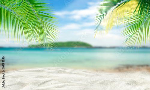 Fototapeta Naklejka Na Ścianę i Meble -  Coconut tree leaf on the tropical beach with space for text , summer,holiday, vacation weekend or relax ,summer mid year sale concept
