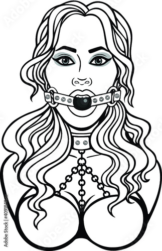 Animation portrait of the beautiful woman with a ball gag. Template for erotic content. Monochrome linear drawing.Vector illustration isolated on a white background.Print, poster, t-shirt, card.