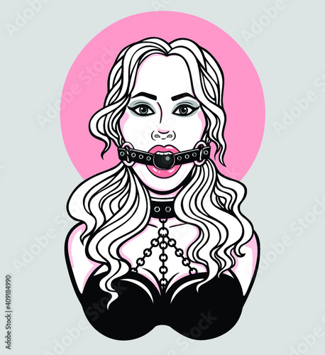 Animation portrait of the beautiful woman with a ball gag. Template for erotic content. Color drawing. Vector illustration isolated on a white background.Print, poster, t-shirt, card, emblem. 
