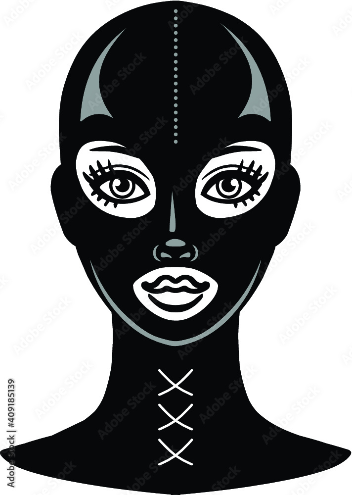 Animation portrait of the beautiful girl in a black latex mask. Template  for erotic content. Vector illustration isolated on a white background.  Print, poster, t-shirt, card, emblem. Stock-vektor | Adobe Stock