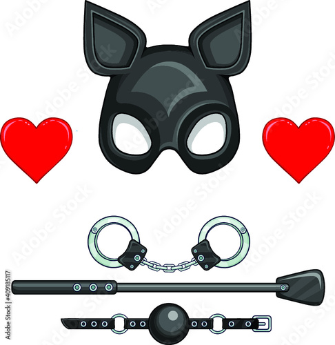 Animation mask of a cat. Set of erotic toys: handcuffs, stack, ball gag. Vector illustration isolated on a white background. Valentine's Day card.