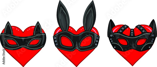 Set of animation hearts in masks of animals: cat, rabbit, dog. Template for erotic content. Vector illustration isolated on a white background. Print, poster, t-shirt, card. 