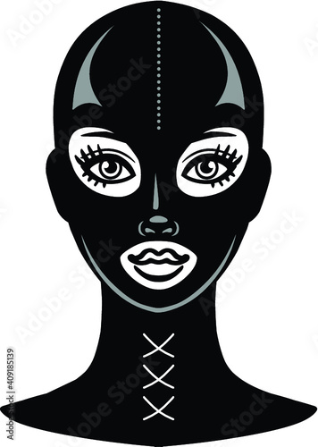 Animation portrait of the beautiful girl in a black latex mask. Template for erotic content. Vector illustration isolated on a white background. Print, poster, t-shirt, card, emblem.