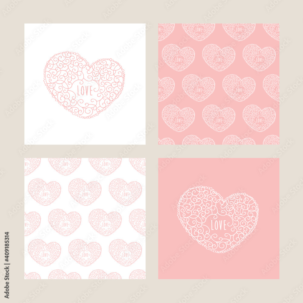 Set of romantic greeting cards and seamless patterns with vintage hearts. Backgrounds  for textile, wallpaper, covers, print, wrap, scrapbooking, Valentine's Day, birthday, wedding invitation.