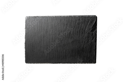 Black slate   rectangular stone plate . Kitchen stone tray for food isolated on white background