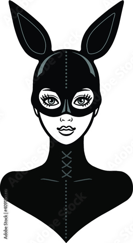 Animation portrait of the beautiful girl in a black latex suit and mask rabbit. Template for erotic content. Vector illustration isolated on a white background. Print, poster, t-shirt, card, emblem.