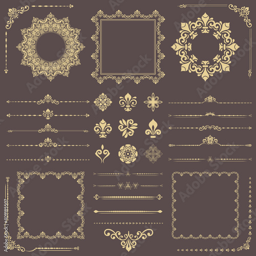 Vintage set of horizontal, square and round golden elements. Different elements for backgrounds, frames and monograms. Classic patterns. Set of vintage patterns