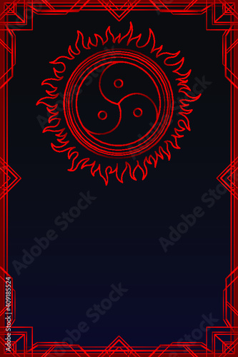 Symbol  BDSM, solar crown. Decorative frame, place for the text. Color drawing on a black background. Template for erotic content. Vector illustration isolated. Print, poster, card. 