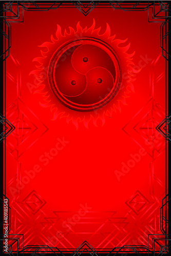 Symbol  BDSM, solar crown. Decorative black frame, place for the text. Color drawing on a red background. Template for erotic content. Vector illustration isolated. Print, poster, card. 