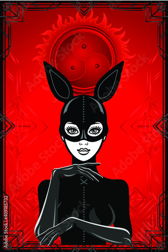 Animation portrait of the woman in a latex suit and mask rabbit. Red background, black patten frame, symbol BDSM. Place for the text. Template for erotic content. Vector illustration. Print, poster, 