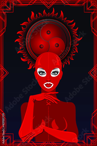 Animation portrait of the woman in a latex suit and a mask. Black background, red patten frame, symbol BDSM. Place for the text. Template for erotic content. Vector illustration. Print, poster, card 