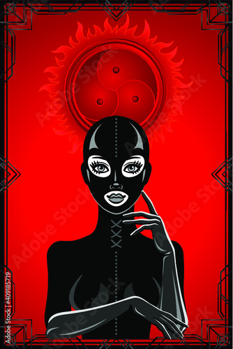 Animation portrait of the woman in a latex suit and mask. Red background, black patten frame, symbol BDSM. Place for the text. Template for erotic content. Vector illustration. Print, poster, card 