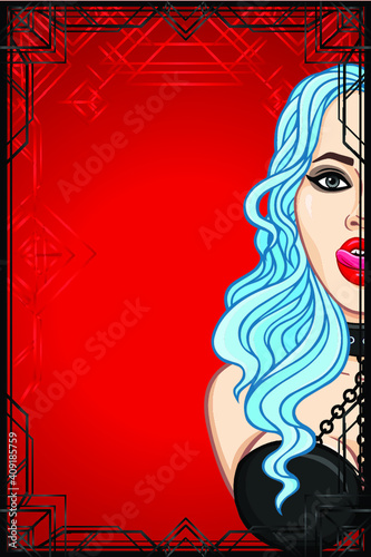 Animation card: beautiful woman in a collar licks lips. A red background, a decorative frame, place for the text. Template for erotic content. Vector illustration isolated. Print, poster, banner.