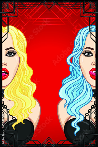 Animation card: beautiful woman in a collar licks lips. A red background, a decorative frame, place for the text. Template for erotic content. Vector illustration isolated. Print, poster, banner.