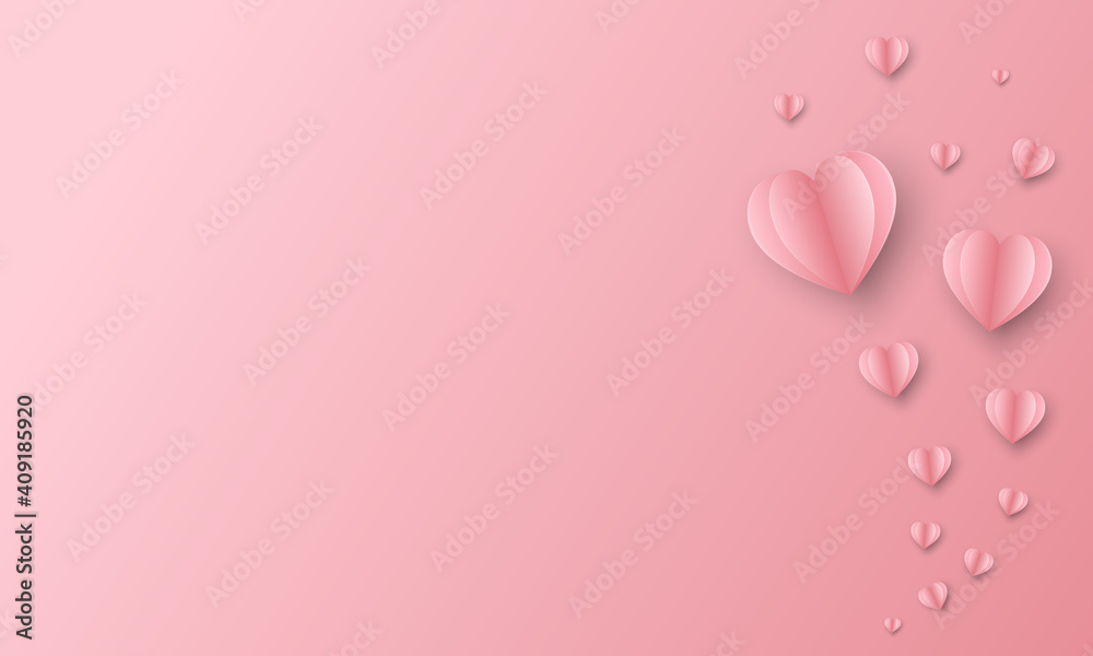 Illustration paper art of soft pink heart and shadow float on soft pink background using for Valentine day, love couple concept, paper cut and craft style for card and poster with copy space for text.